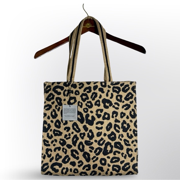 America & Beyond Handbags - America & Beyond Leopard Print Jute Tote Bag NWT Animal Print Large